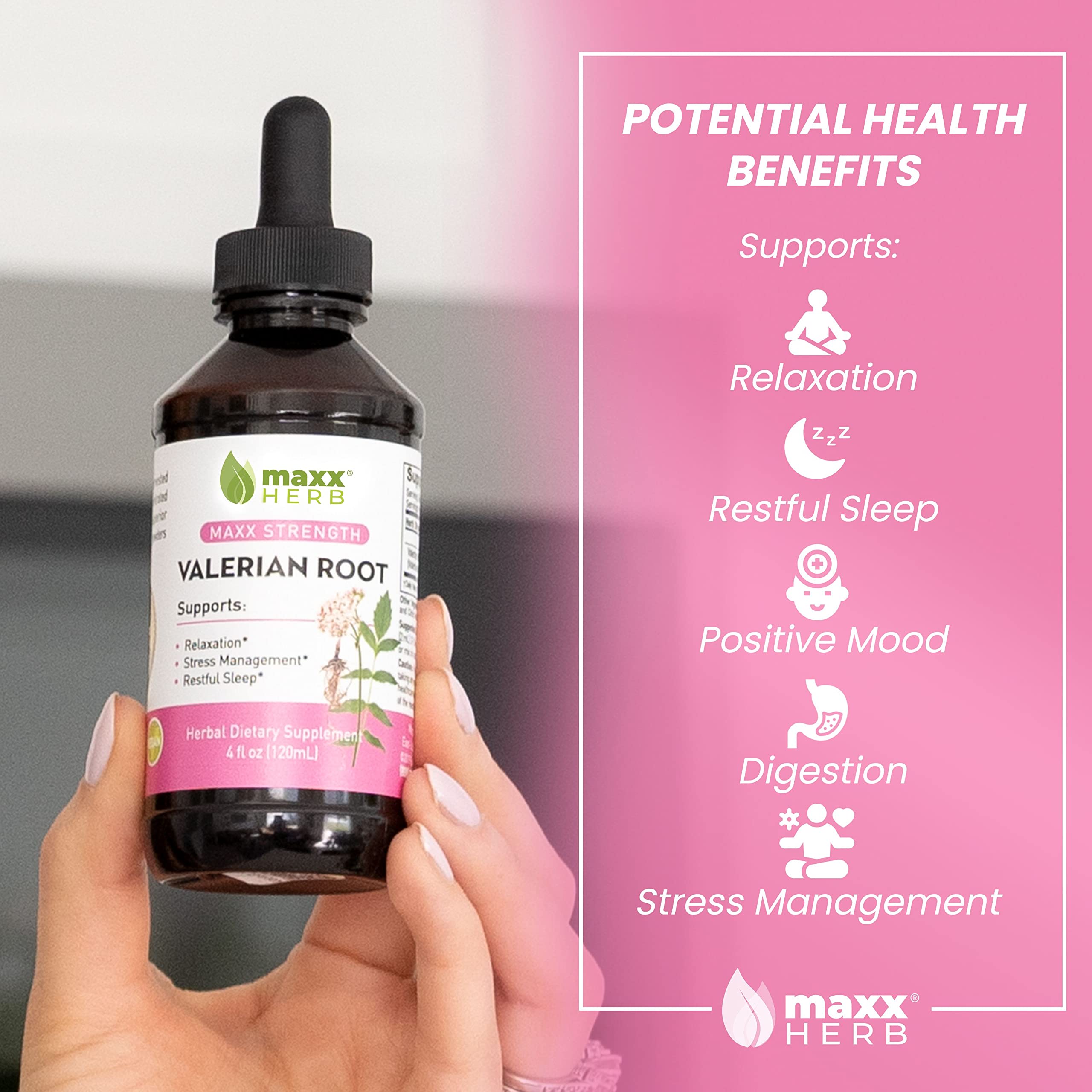 Maxx Herb Valerian liquid extract drops for fast absorption.