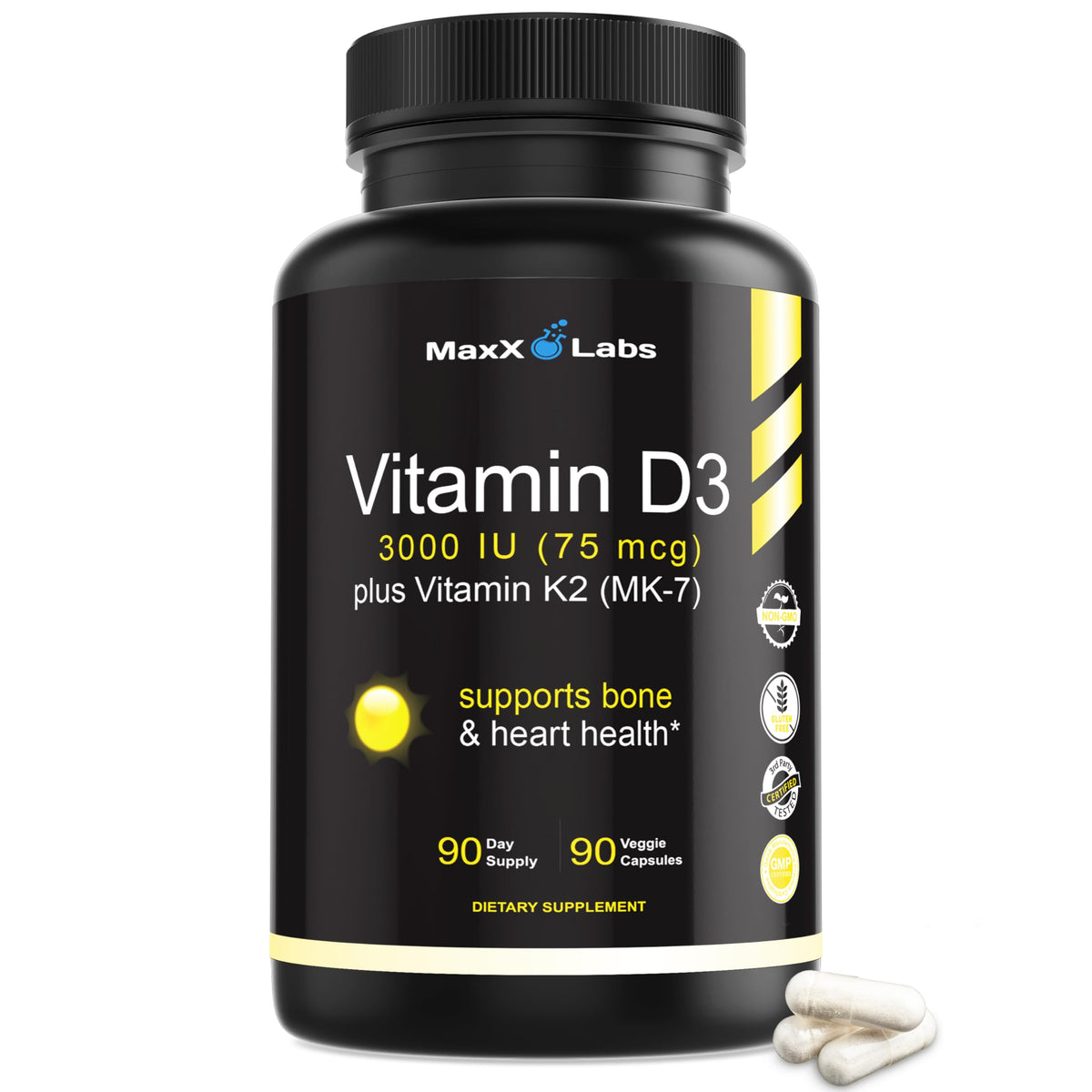 MaxX Labs Vitamin D3 K2 3000 IU bottle front shows gluten-free formula for daily wellness.