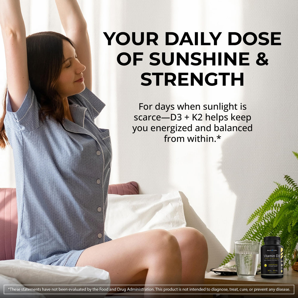 MaxX Labs Vitamin D3 K2 bottle with daily dosage reminder for convenience.