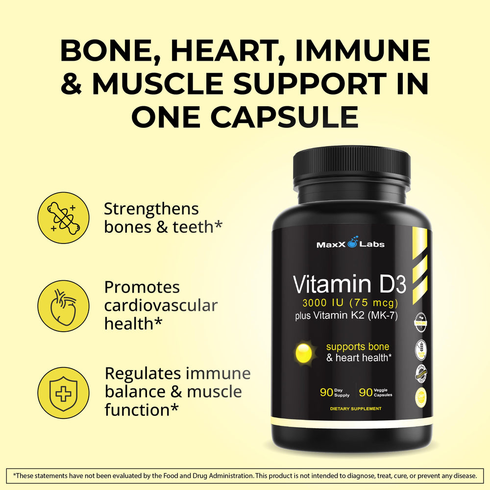 MaxX Labs Vitamin D3 K2 bottle Natto-origin detail emphasizes natural sourcing.
