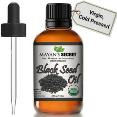 Mayan's Secret black cumin oil bottle showing organic virgin quality for skin and hair