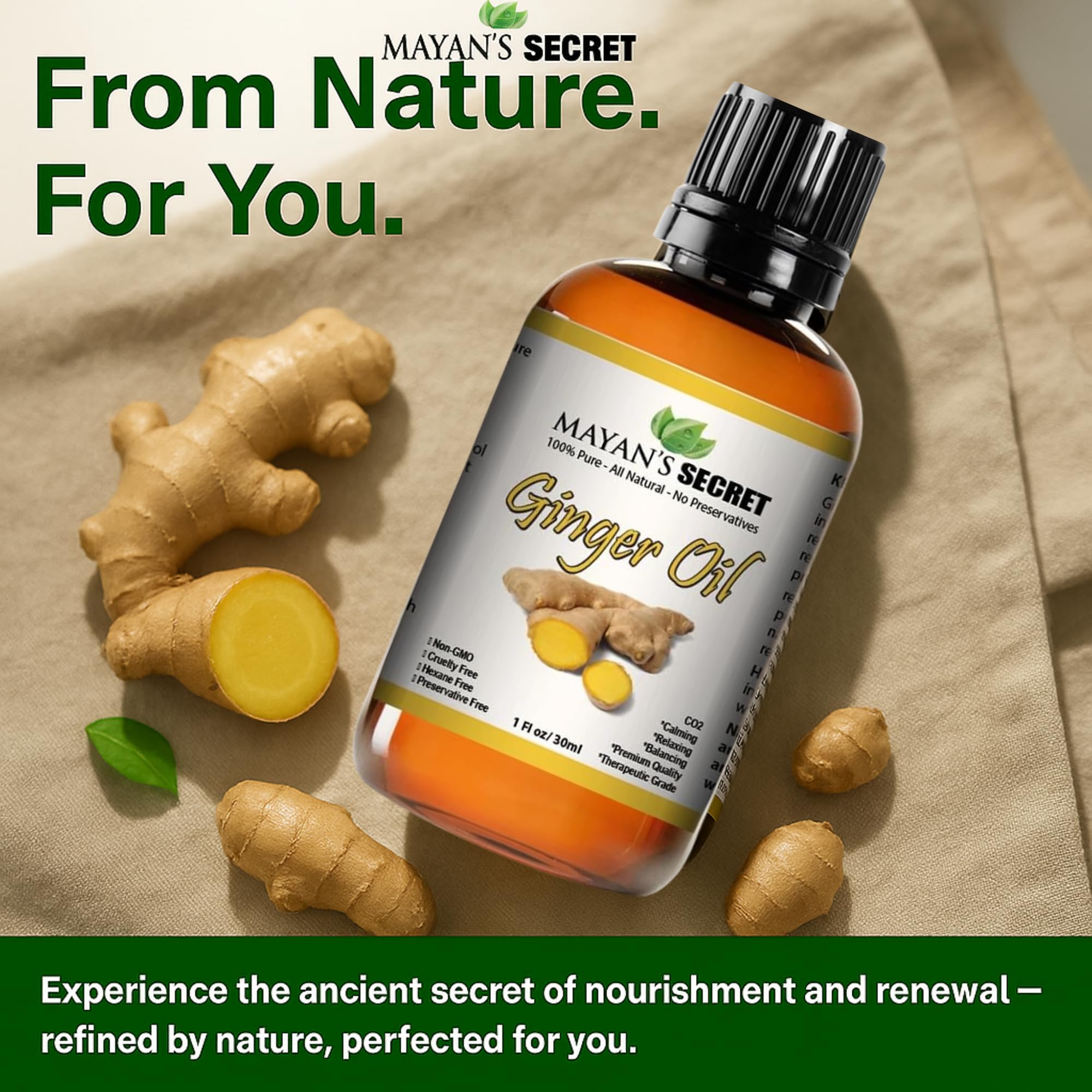 Mayan's Secret ginger root oil amber bottle preserves freshness and aroma