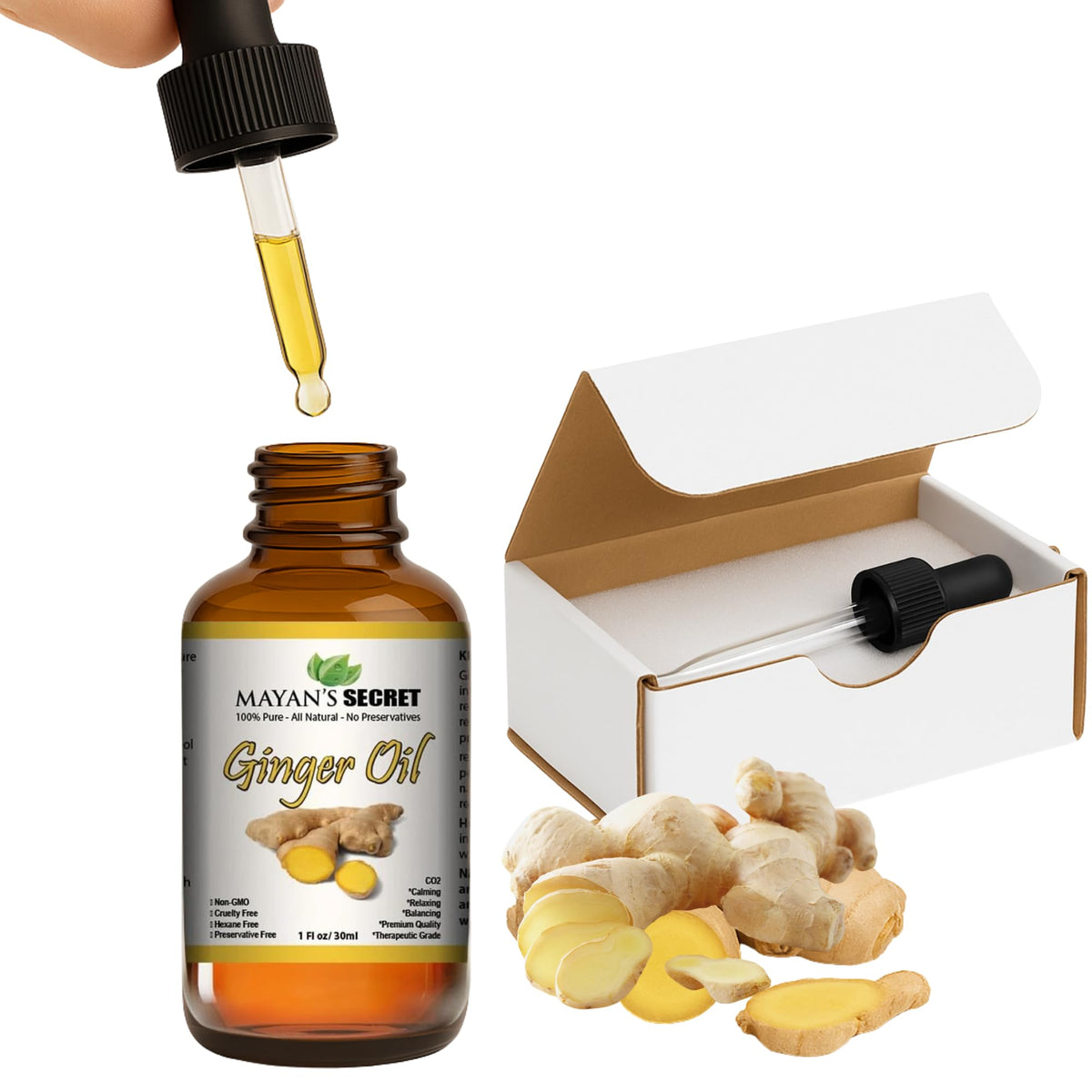 Mayan's Secret ginger root oil bottle for diffusers and DIY blends