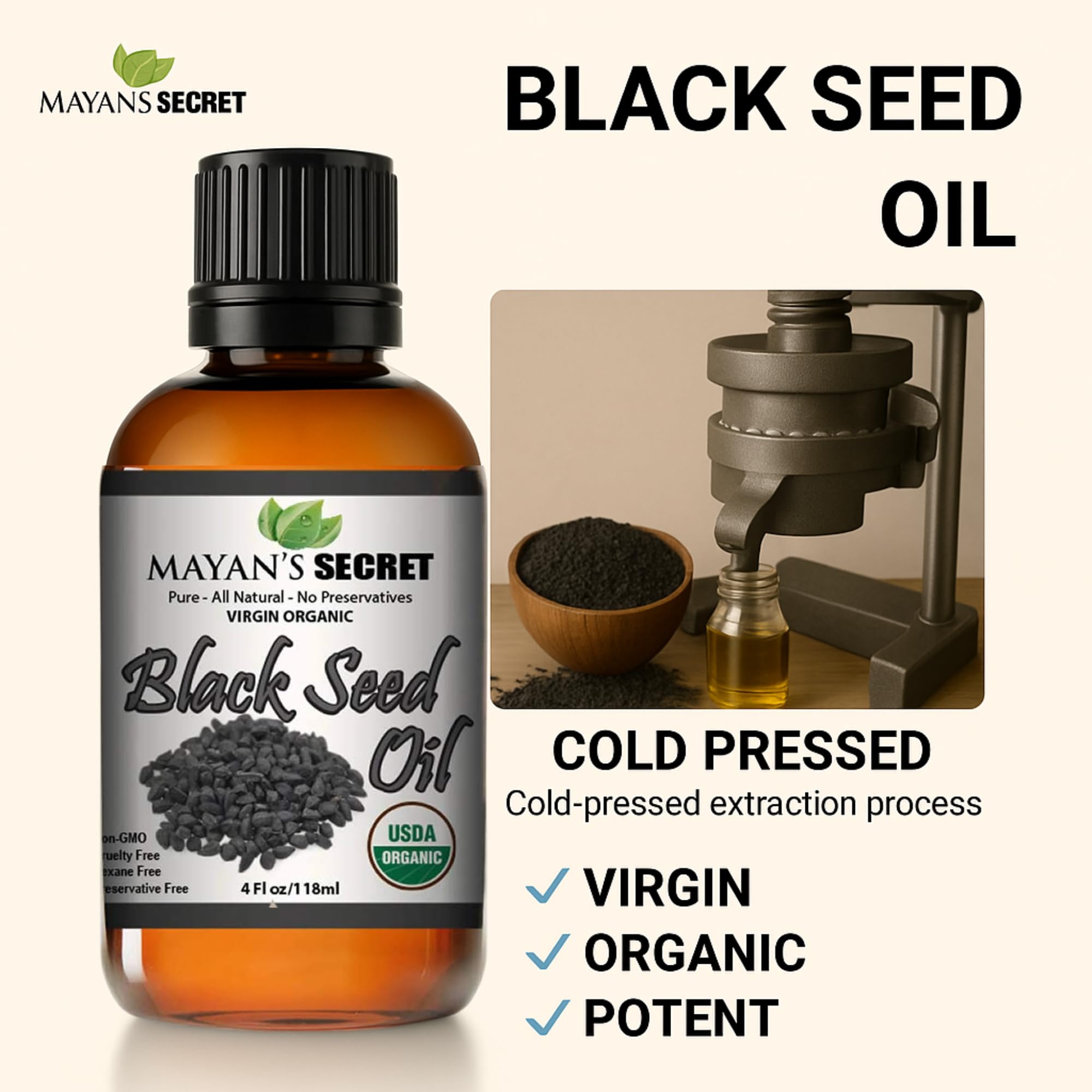 USDA Organic certification badge on Mayan's Secret oil packaging