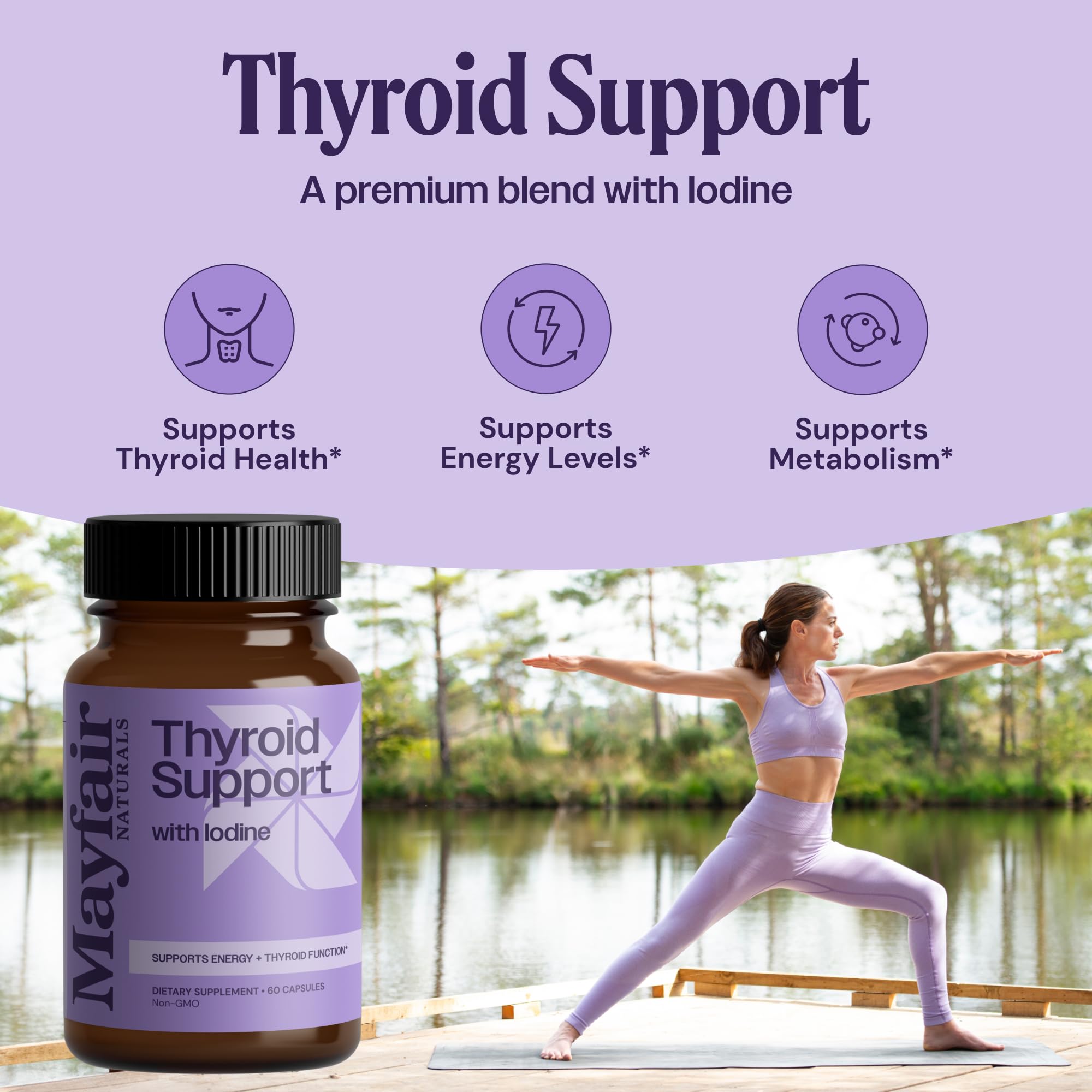 Mayfair Naturals Thyroid Support label detail emphasizes iodine-rich formulation for metabolism support.