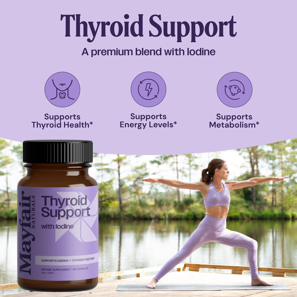 Mayfair Naturals Thyroid Support label detail emphasizes iodine-rich formulation for metabolism support.