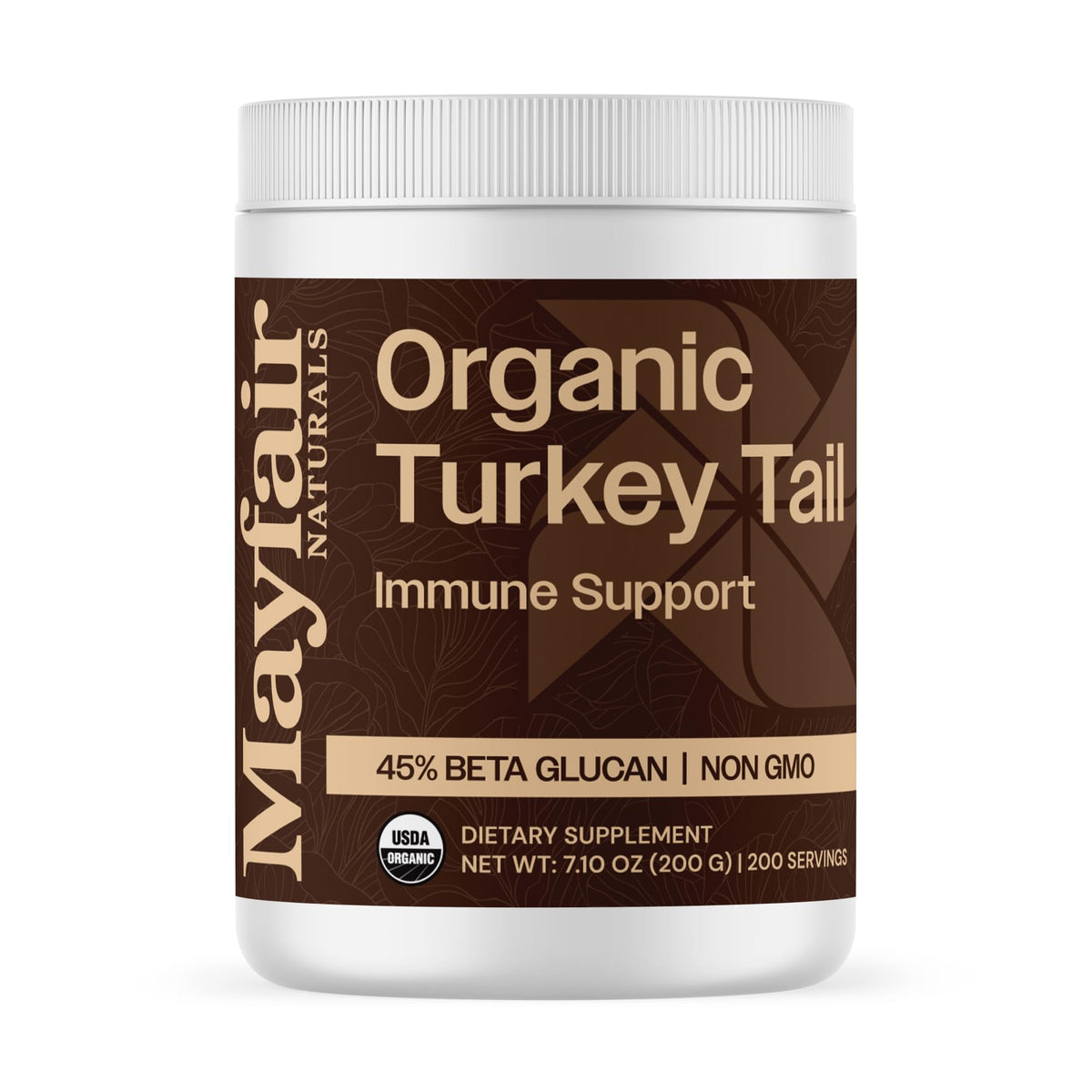Mayfair Naturals Turkey Tail Powder bottle shows premium organic supplement for immune support