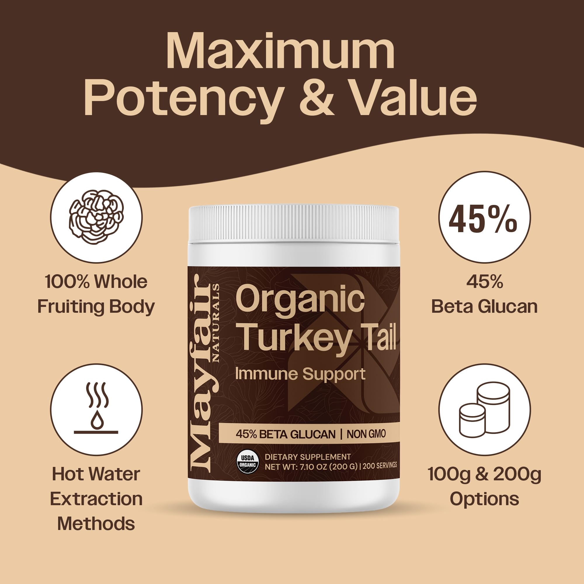 Packaging of Mayfair Naturals Turkey Tail Powder emphasizes organic, non-GMO, vegan credentials