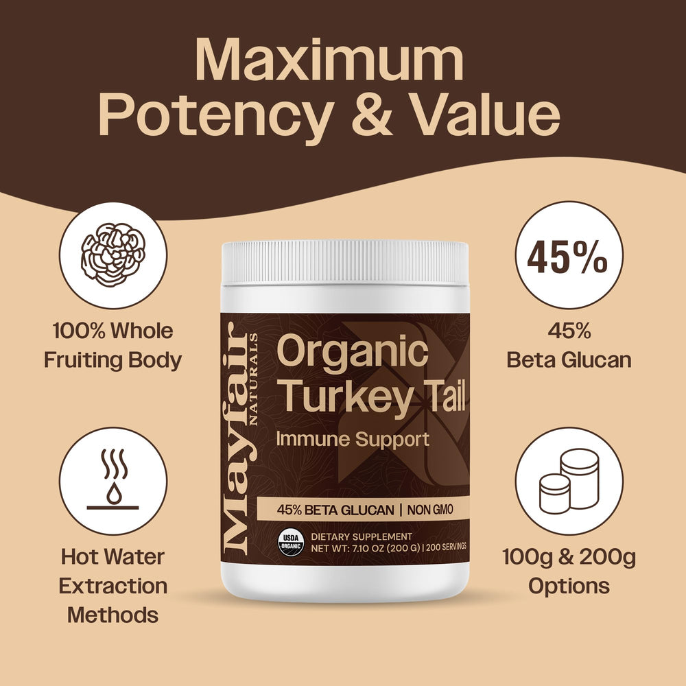 Packaging of Mayfair Naturals Turkey Tail Powder emphasizes organic, non-GMO, vegan credentials