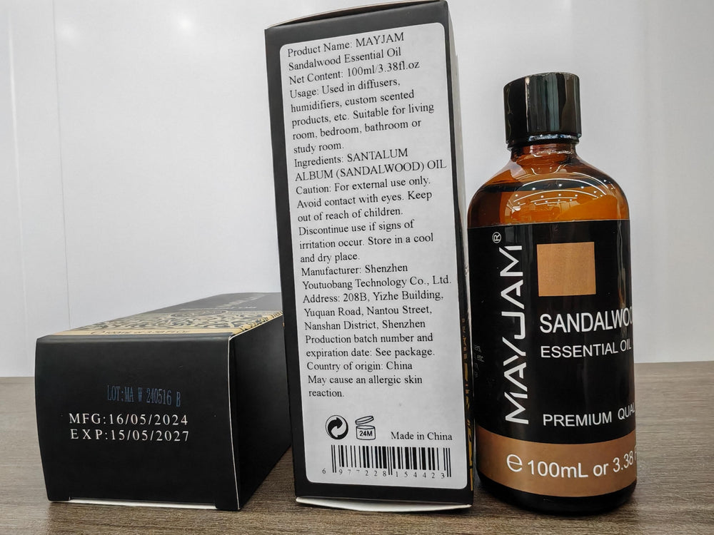 100ml amber glass bottle of MAYJAM sandalwood essential oil