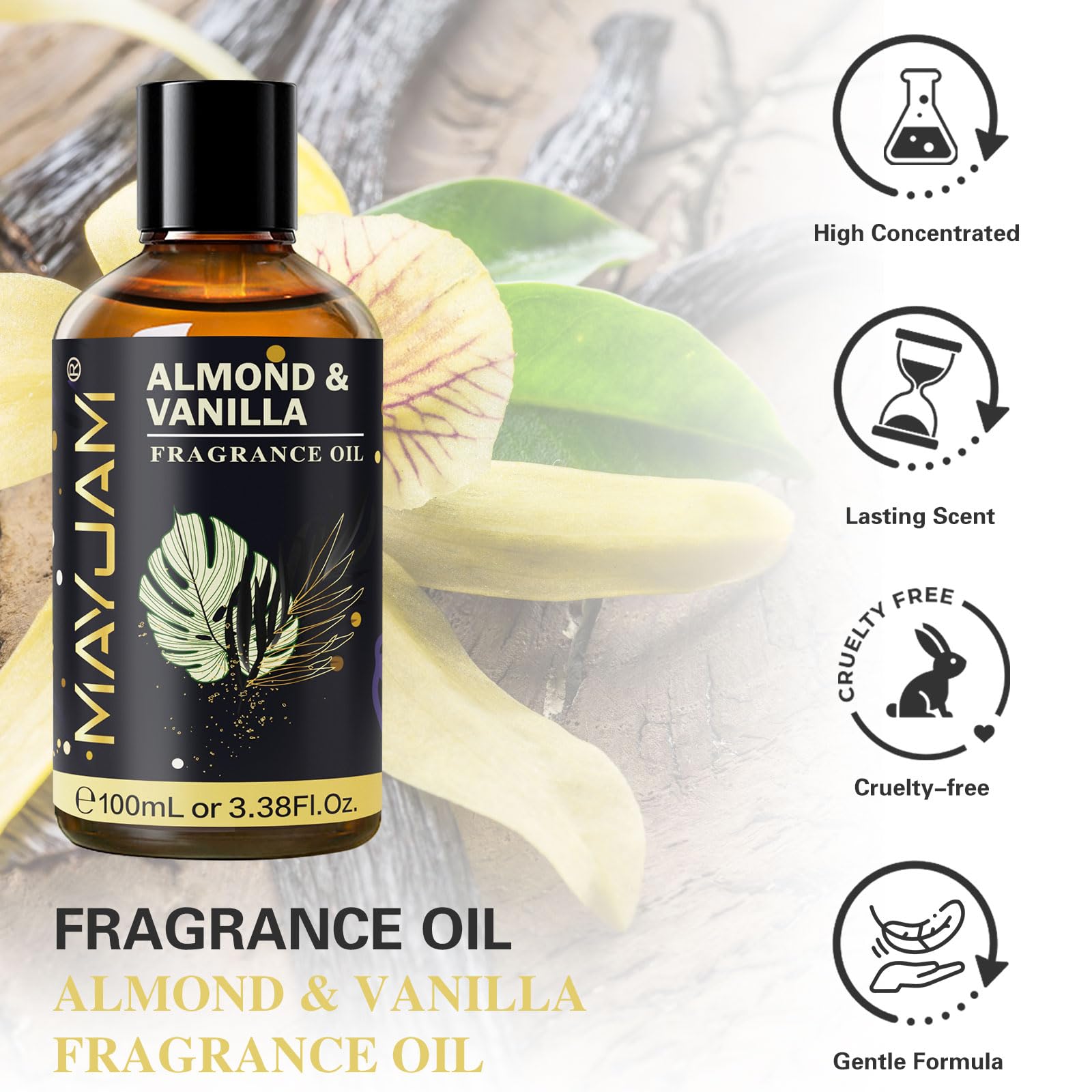 MAYJAM Almond & Vanilla diffuser-ready oil warms living spaces.
