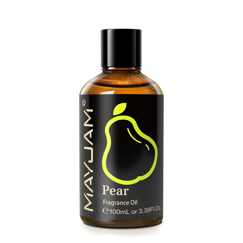 MAYJAM amber glass bottle with dropper preserves pear fragrance.