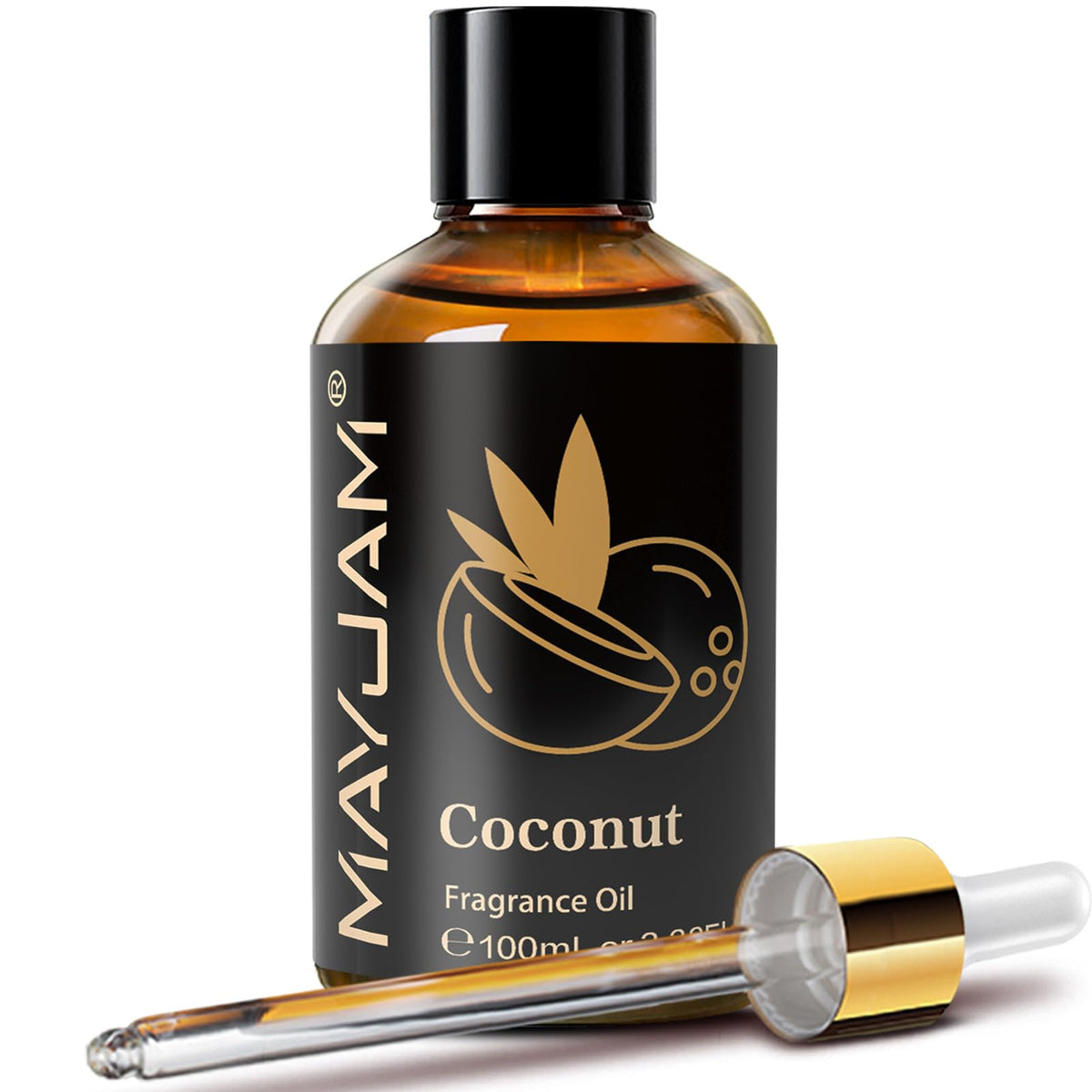 MAYJAM Coconut Fragrance Oil bottle close-up in amber glass for lasting aroma.