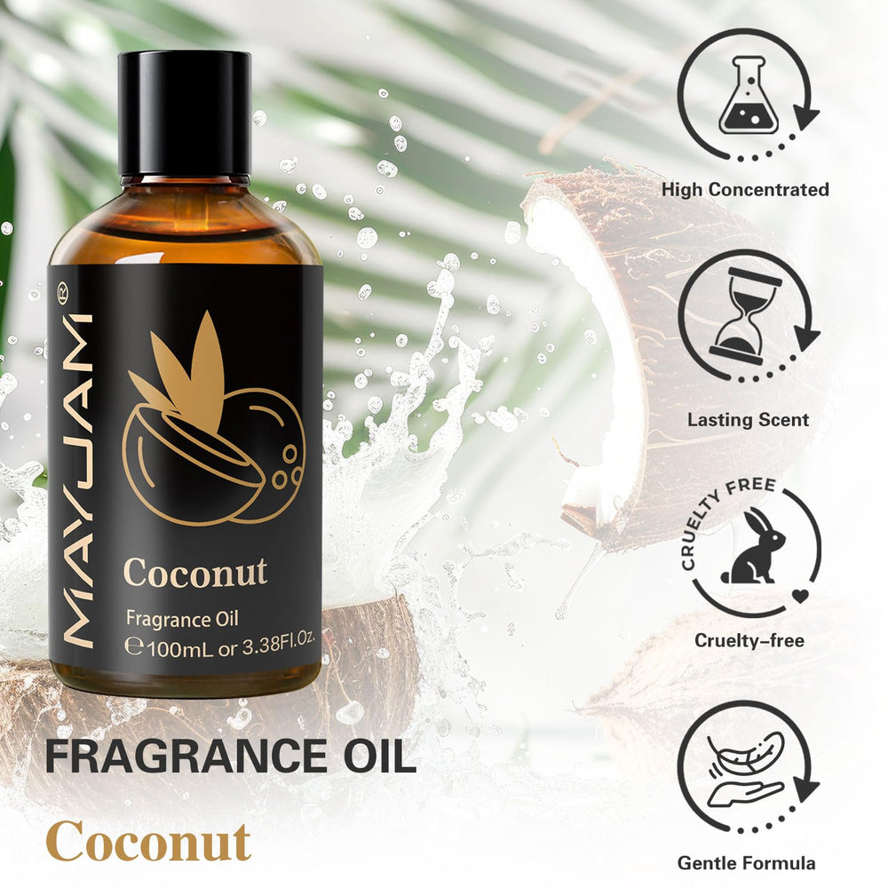 Diffuser scene using MAYJAM Coconut Fragrance Oil for tropical ambiance.