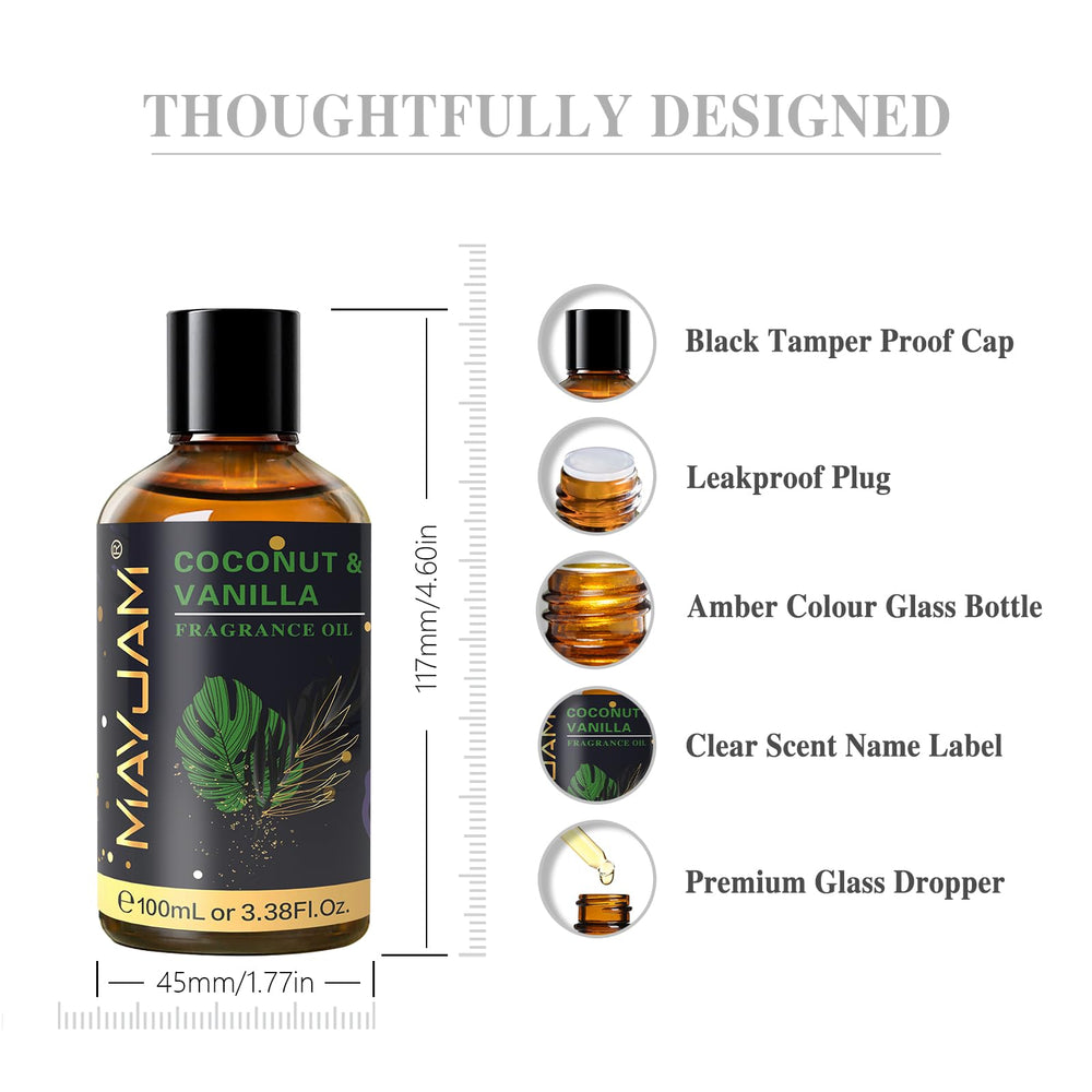 MAYJAM coconut vanilla amber bottle closeup emphasizing premium packaging.