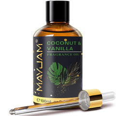 MAYJAM coconut vanilla fragrance oil bottle for long-lasting diffuser scent.