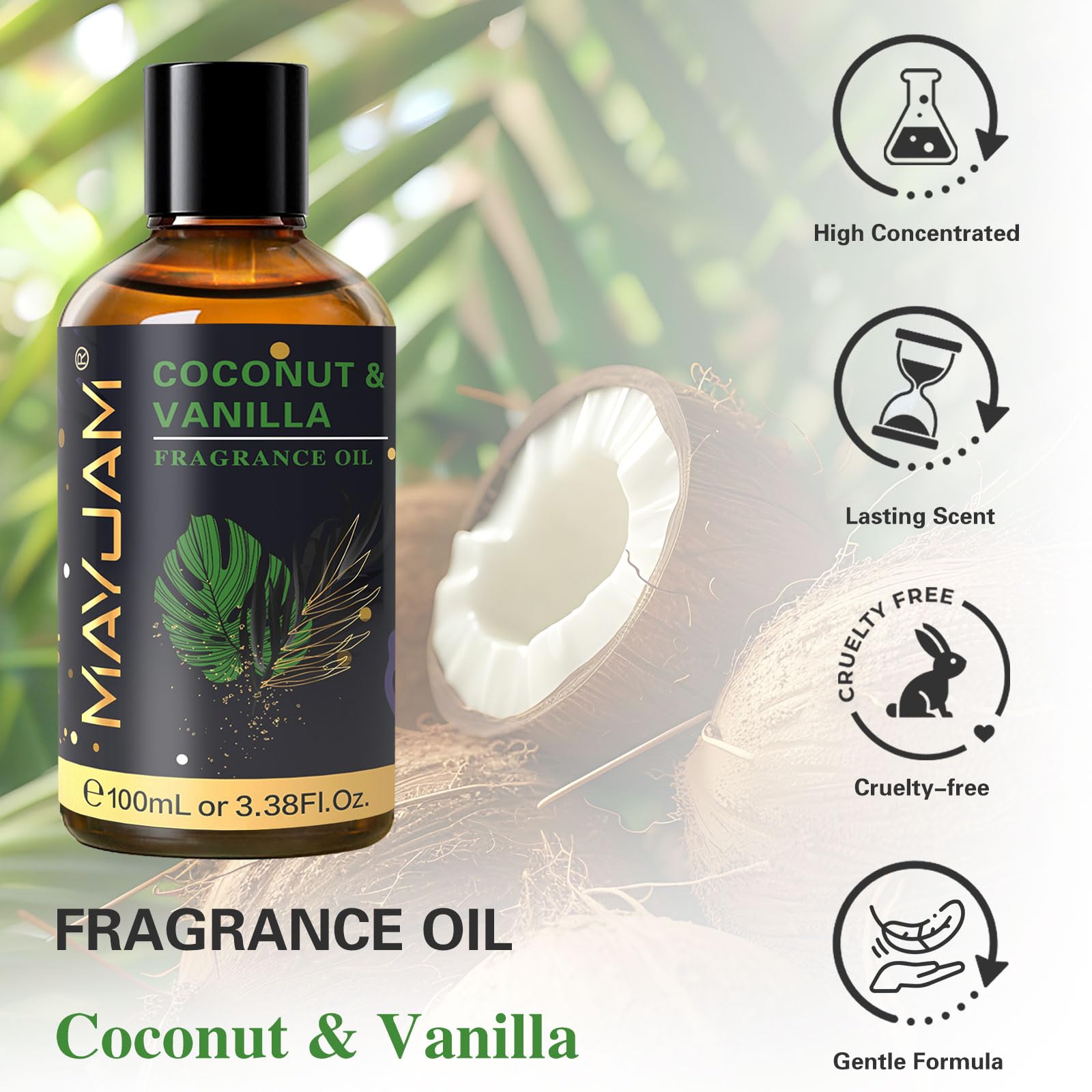 MAYJAM coconut vanilla fragrance oil dropper highlighting precise measuring for crafts.