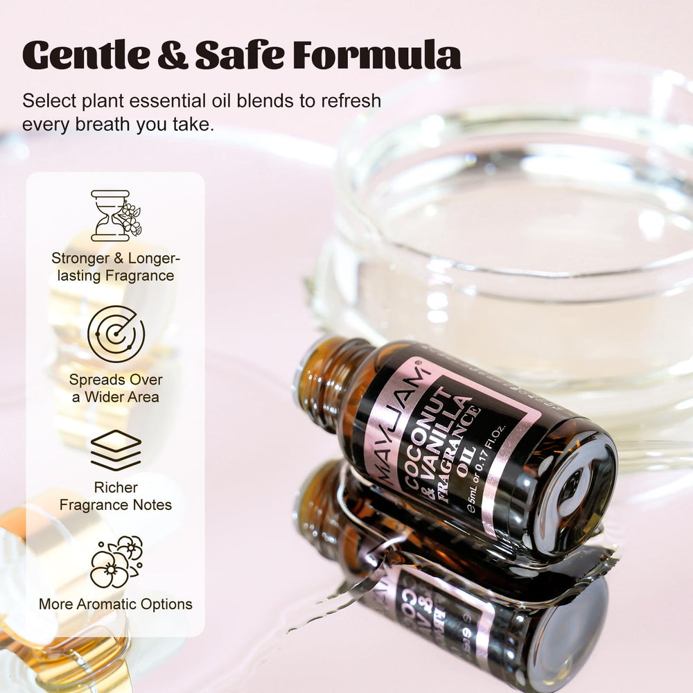 MAYJAM fragrance oil bottles lineup, ideal for quick diffuser experiments.