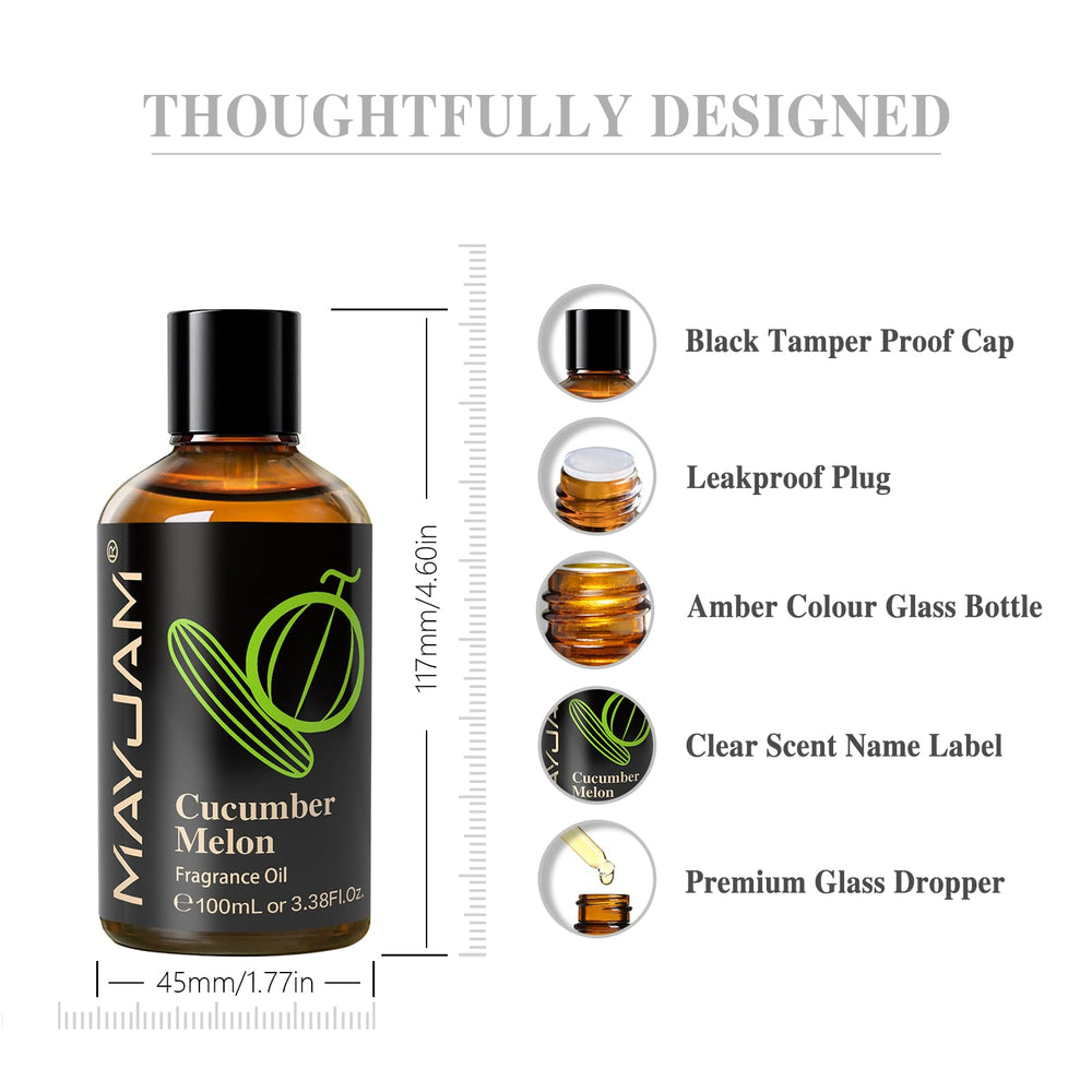 Diffuser-ready cucumber melon scent released from MAYJAM bottle.