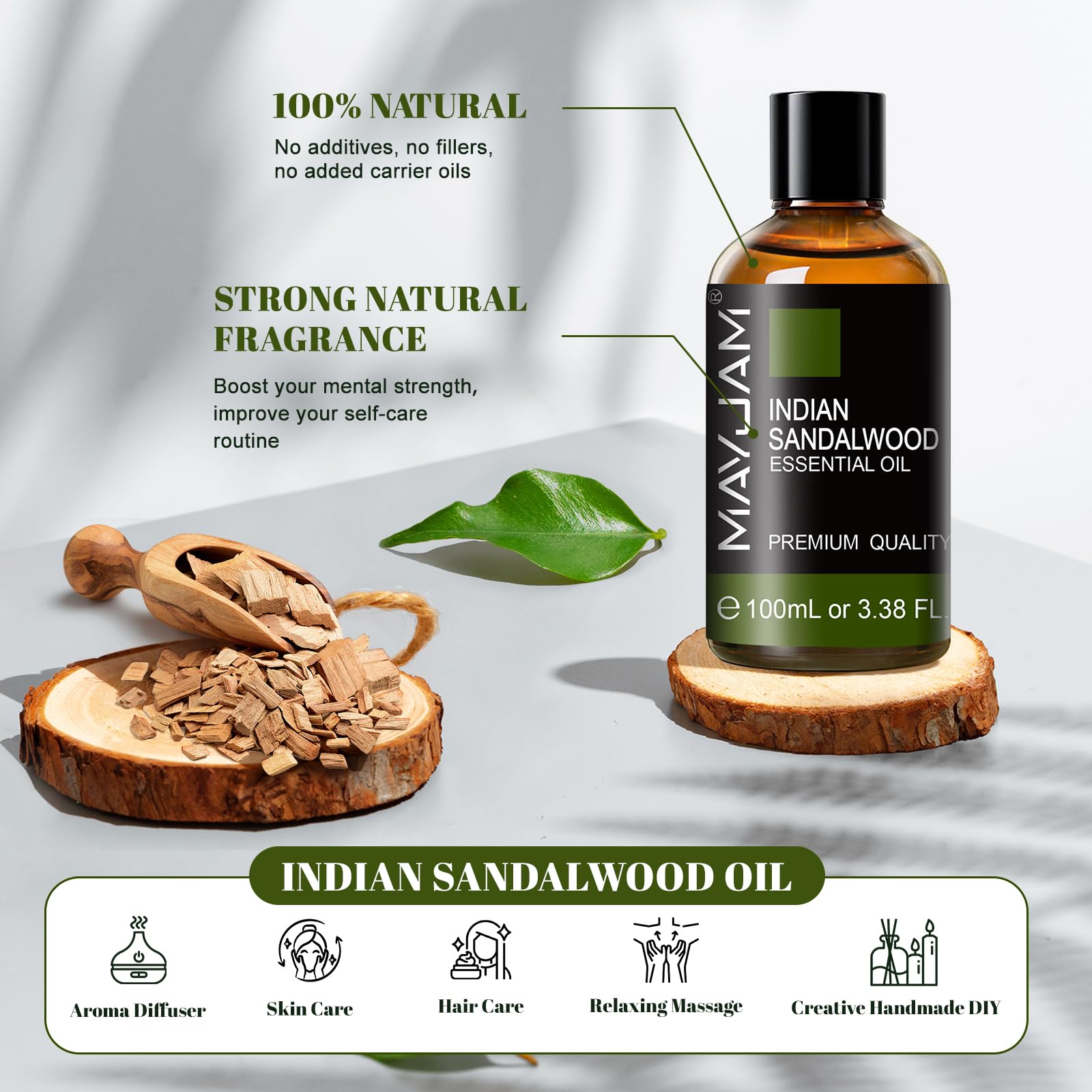MAYJAM Indian Sandalwood Oil in a diffuser setup for calming ambience.