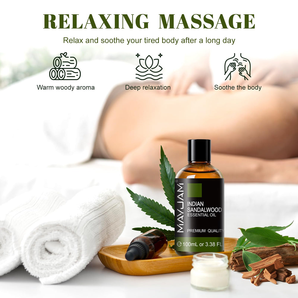 MAYJAM Indian Sandalwood Oil massage blend for relaxation and warmth.