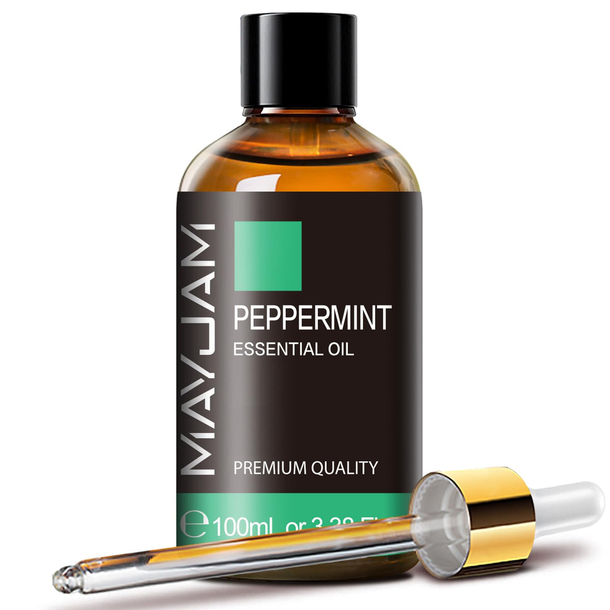 MAYJAM peppermint essential oil bottle in amber glass for lasting aroma.