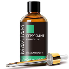 MAYJAM peppermint essential oil bottle in amber glass for lasting aroma.