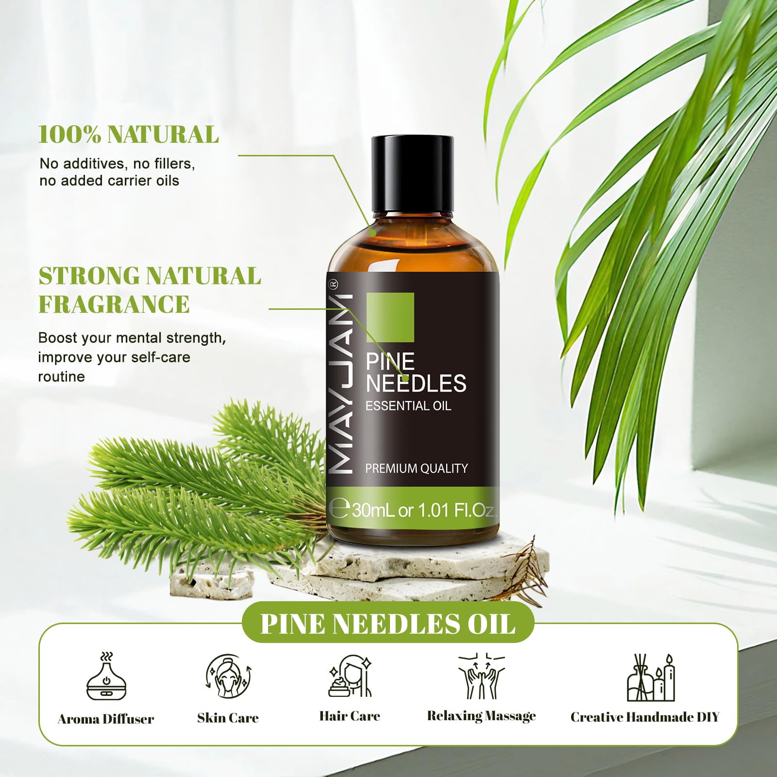 MAYJAM Pine Needles essential oil in a diffuser scene with forest fragrance