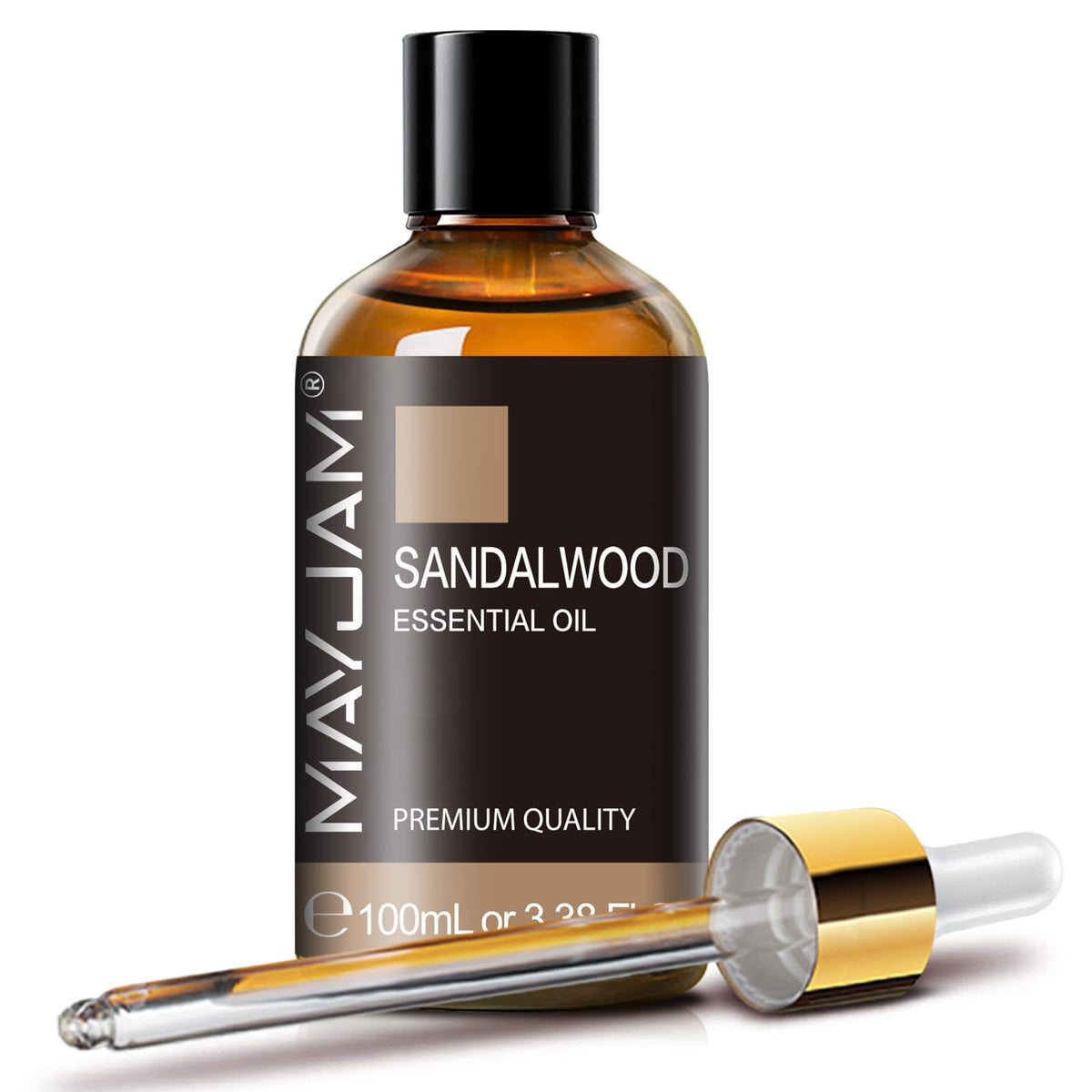MAYJAM Sandalwood Essential Oil bottle in amber glass for lasting fragrance