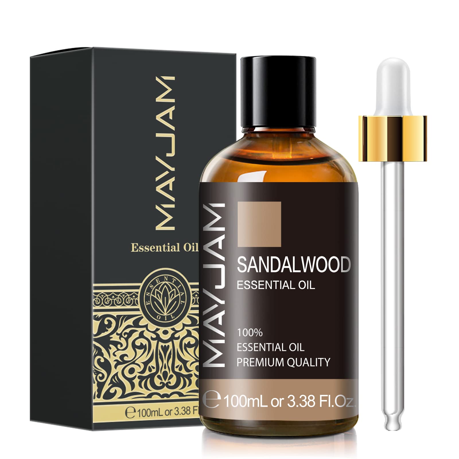 MAYJAM Sandalwood Oil in amber bottle, long-lasting fragrance for aromatherapy and diffusers.