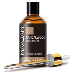 MAYJAM Sandalwood Essential Oil bottle in amber glass for lasting fragrance