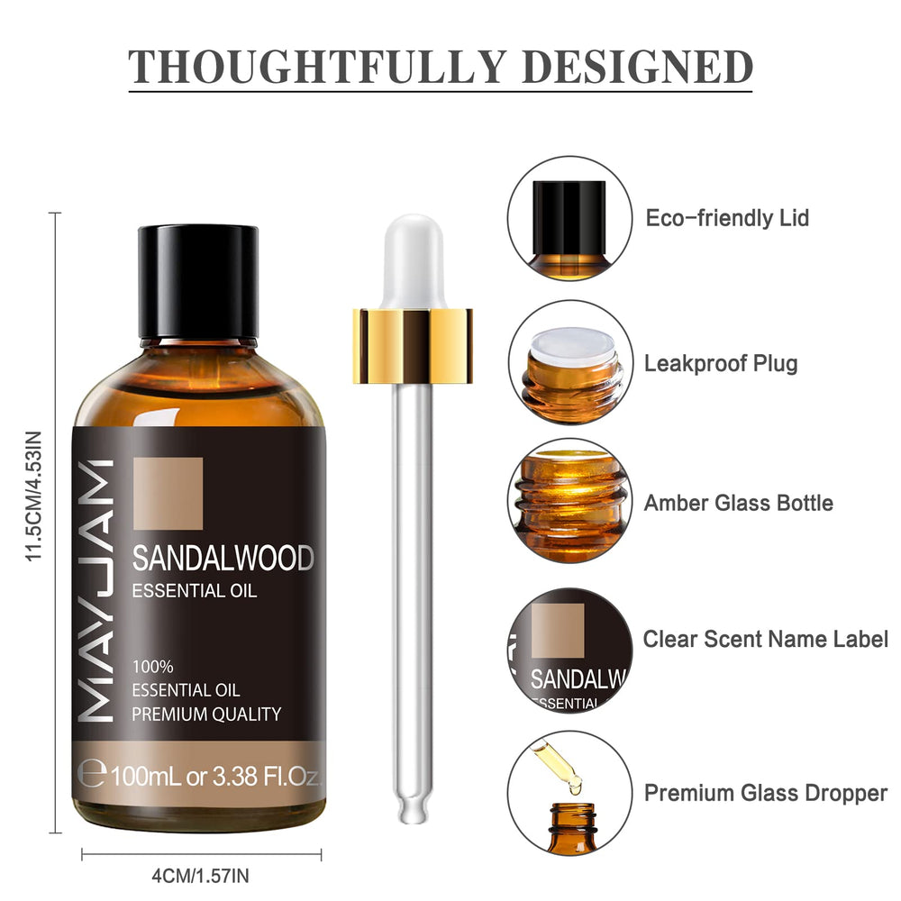 MAYJAM sandalwood oil with glass dropper for precise, easy use.