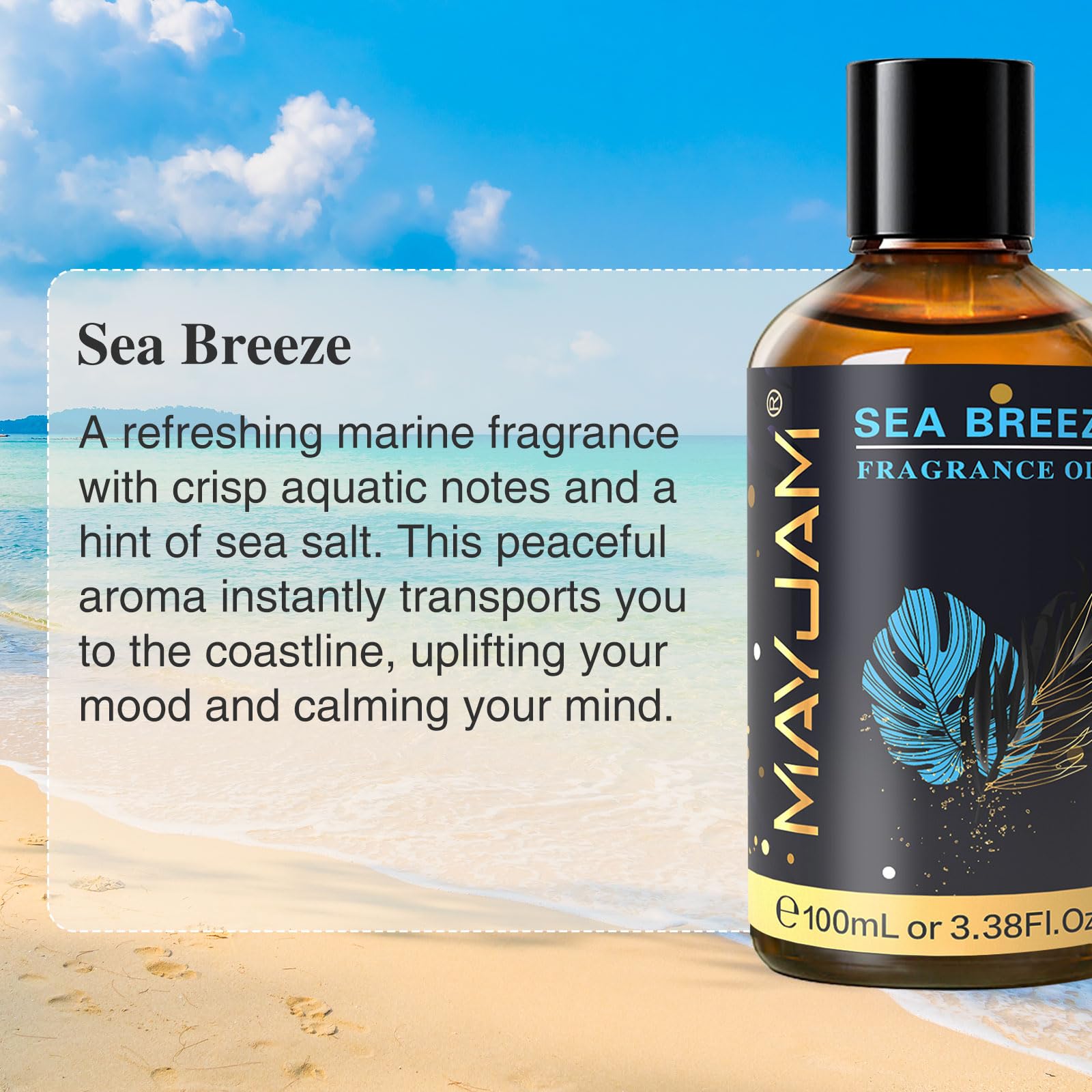MAYJAM Sea Breeze fragrance oil in a diffuser emitting a fresh scent.