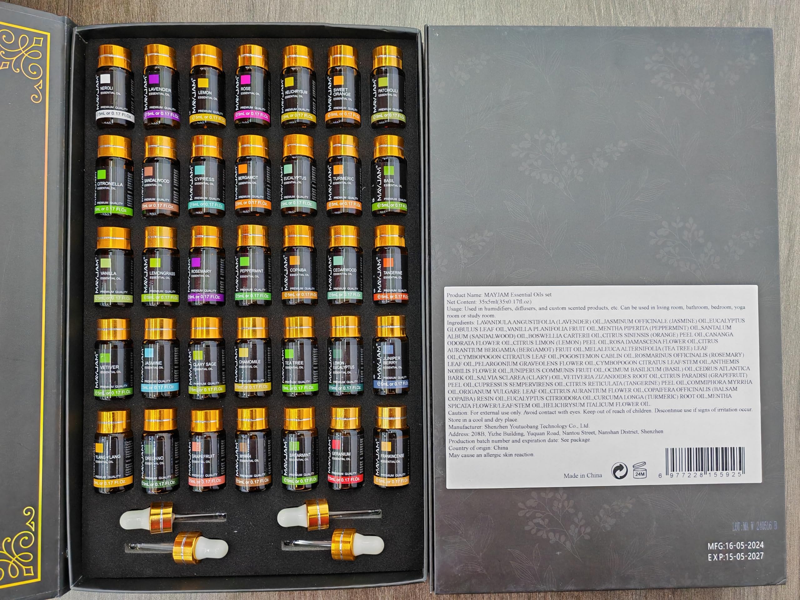MAYJAM assorted oils spread for versatile aroma crafting at home.