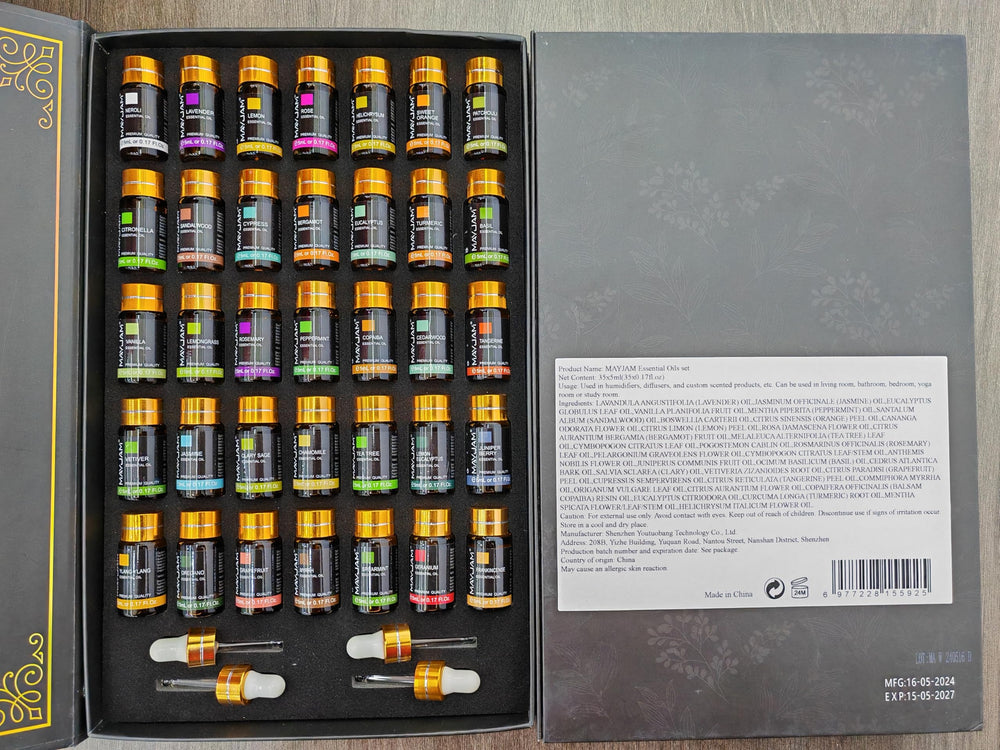 MAYJAM assorted oils spread for versatile aroma crafting at home.