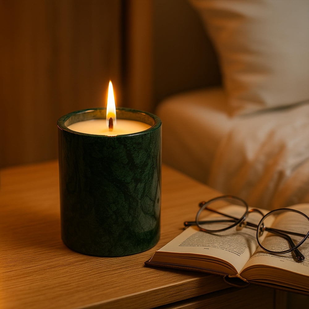 MAYROOM Yoga and meditation setup with serene ambience from the stone candle