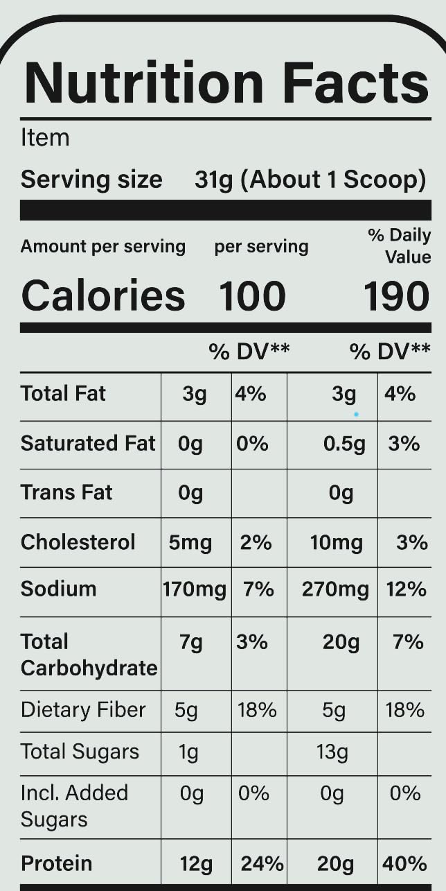Maza Muscular nutrition facts label highlights protein per serving.