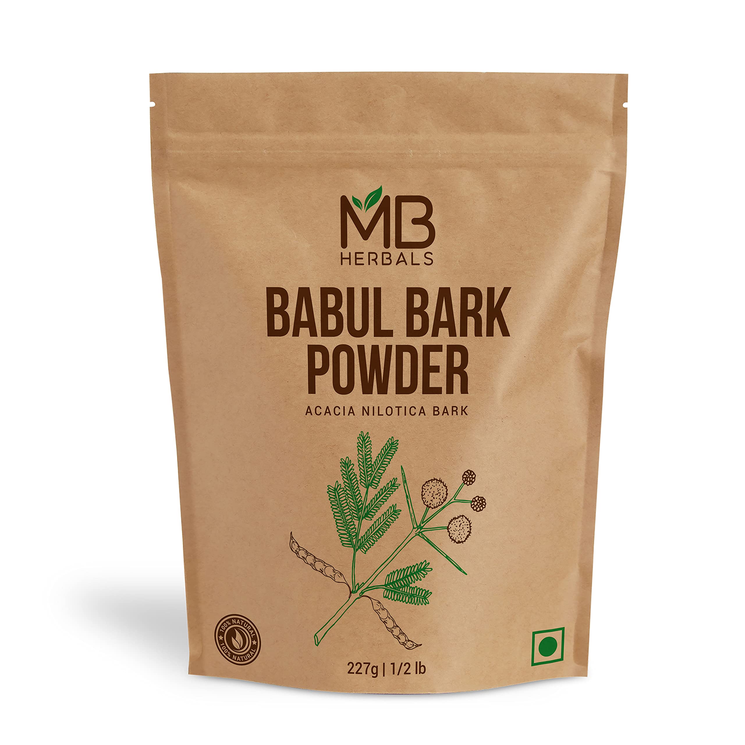 MB Herbals Babul Bark Powder bottle, showcasing natural packaging for traditional hair and toothcare.
