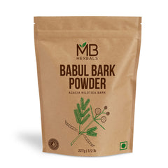MB Herbals Babul Bark Powder bottle, showcasing natural packaging for traditional hair and toothcare.