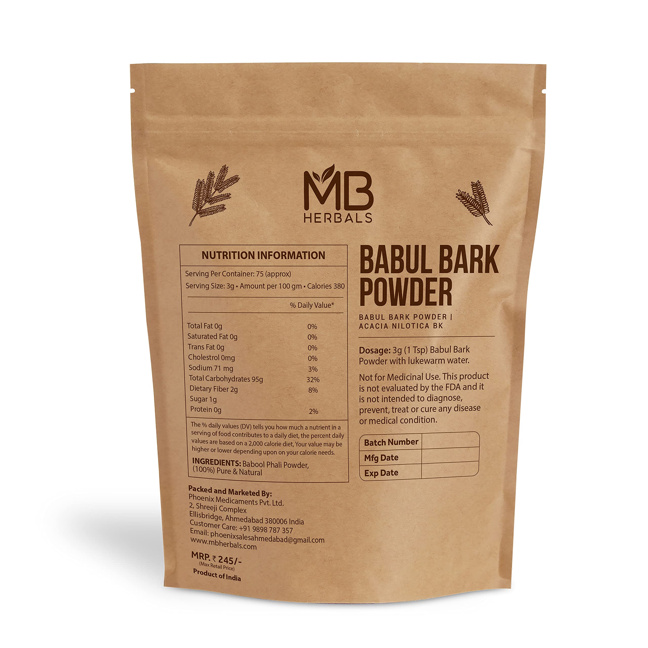 MB Herbals Babul Bark Powder jar closeup, highlighting wildcrafted ingredient for DIY routines.