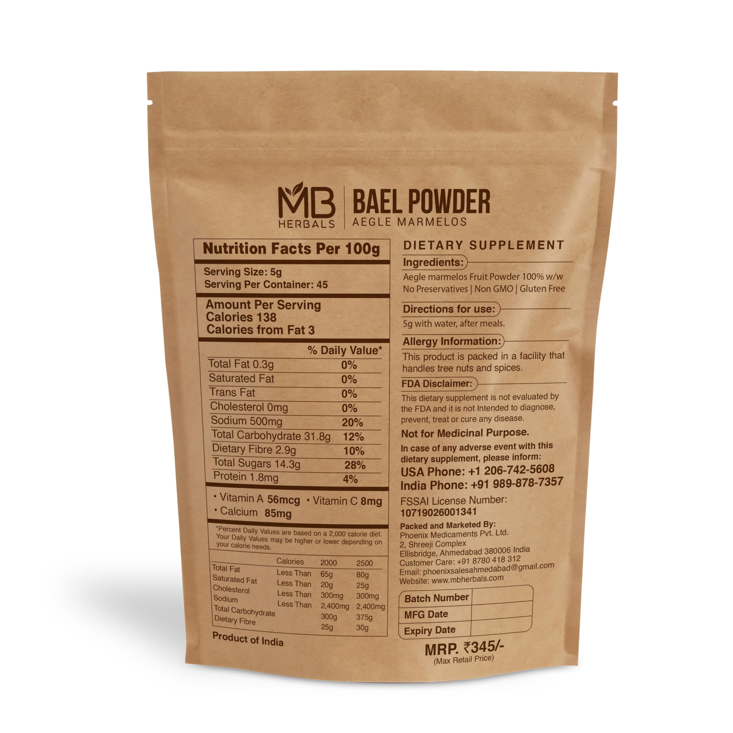 MB Herbals Bael Powder from ripe fruit, ideal for smoothies and teas
