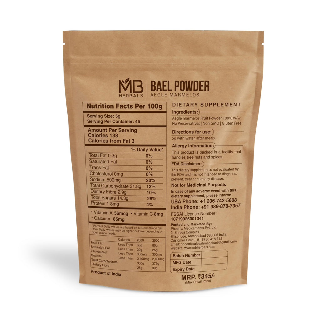 MB Herbals Bael Powder from ripe fruit, ideal for smoothies and teas