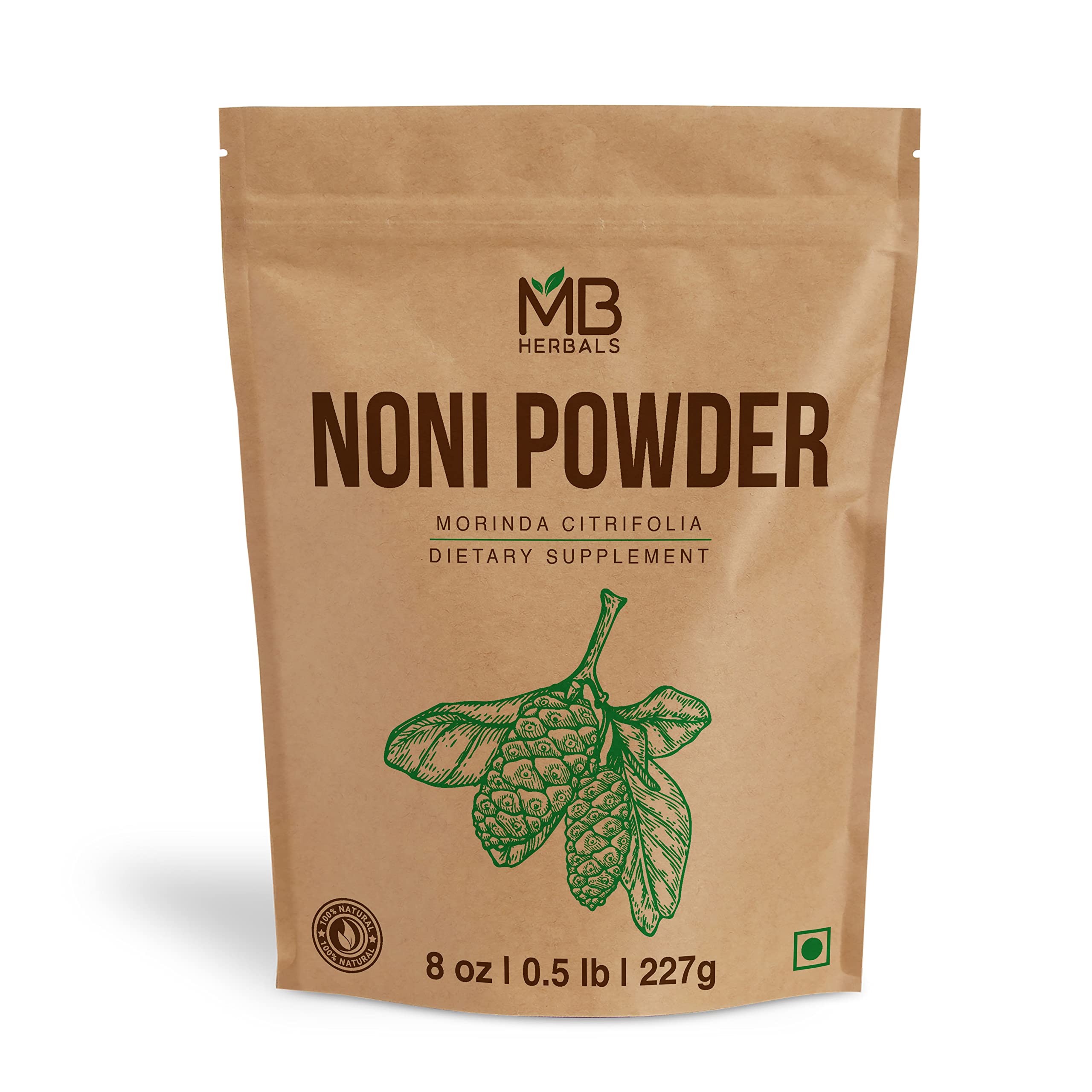 MB Herbals Noni Powder bottle close-up, ideal for smoothies and juices.