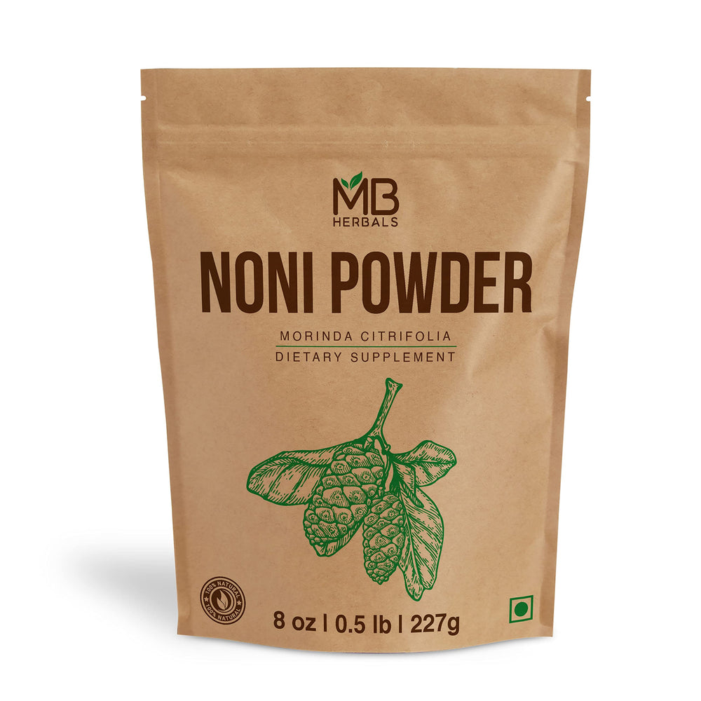 MB Herbals Noni Powder bottle close-up, ideal for smoothies and juices.