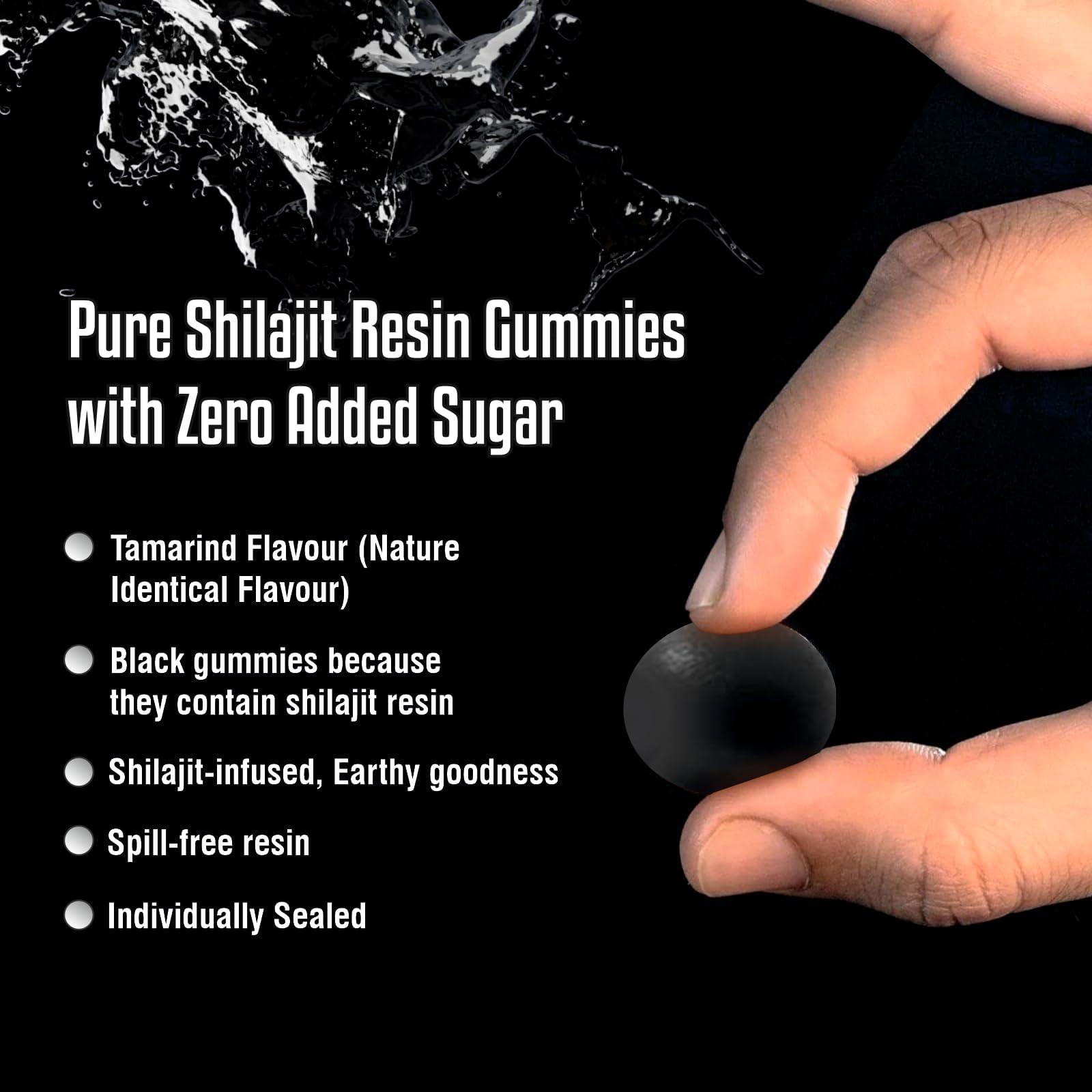 MBDH Wellness Shilajit Gummies close-up shows tamarind flavor and glossy texture