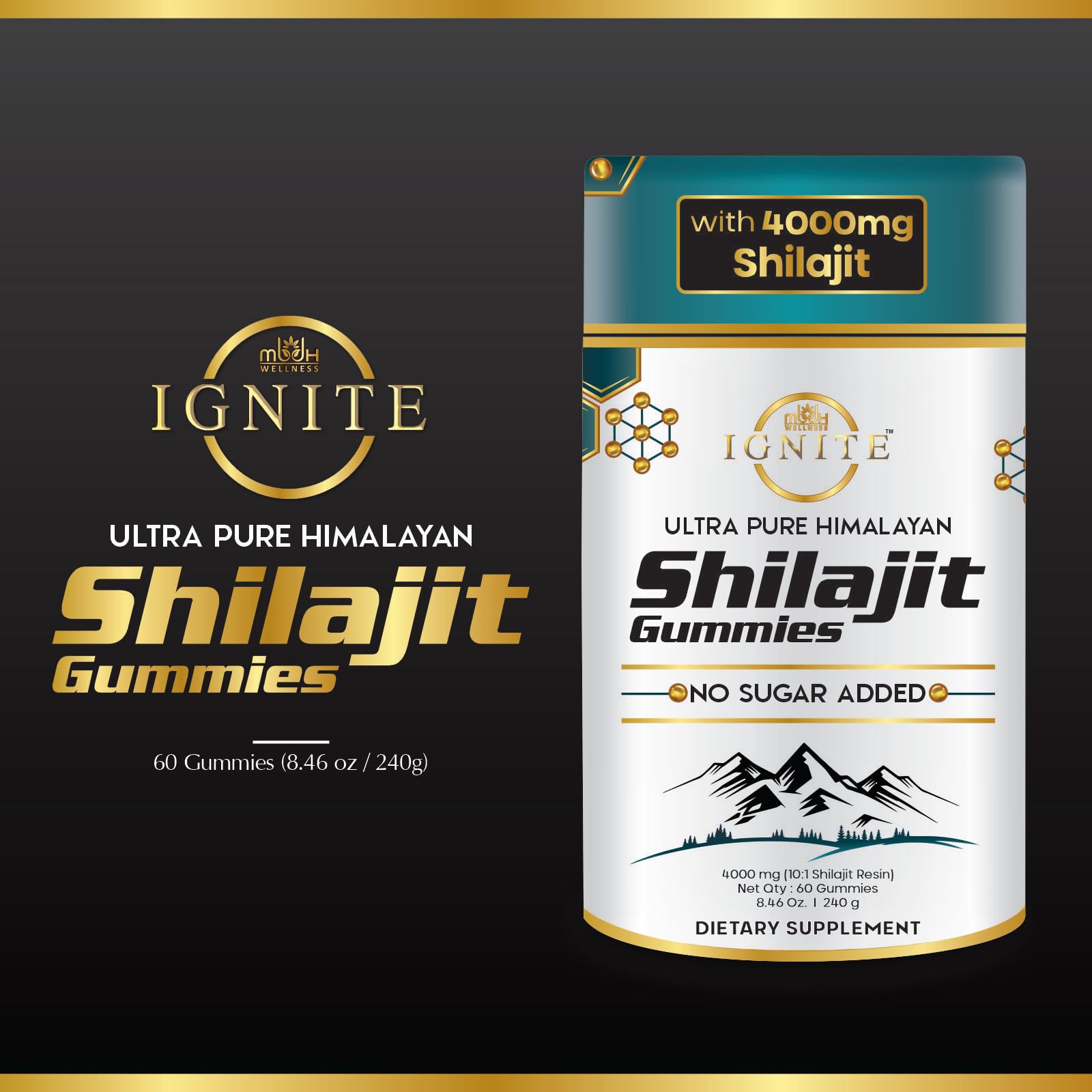 MBDH Wellness Shilajit Gummies packaging shows vegan and sugar-free claims