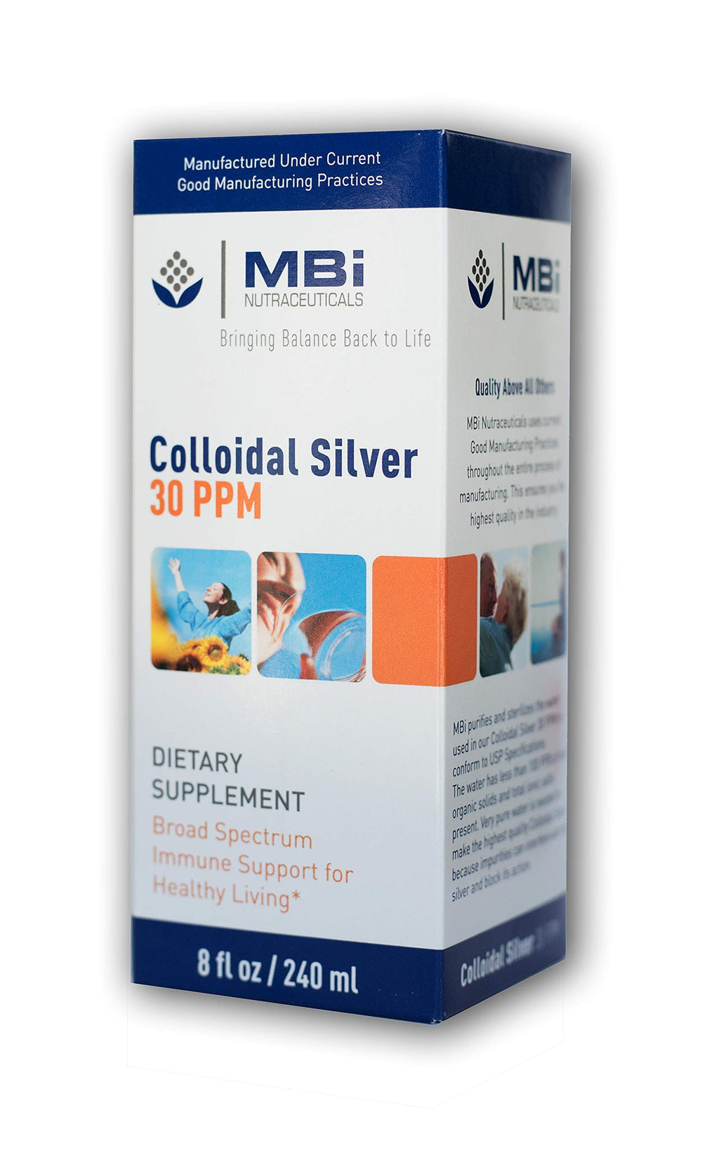 MBI Nutraceuticals Colloidal Silver 30ppm bottle label closeup highlighting 99.99% silver purity.