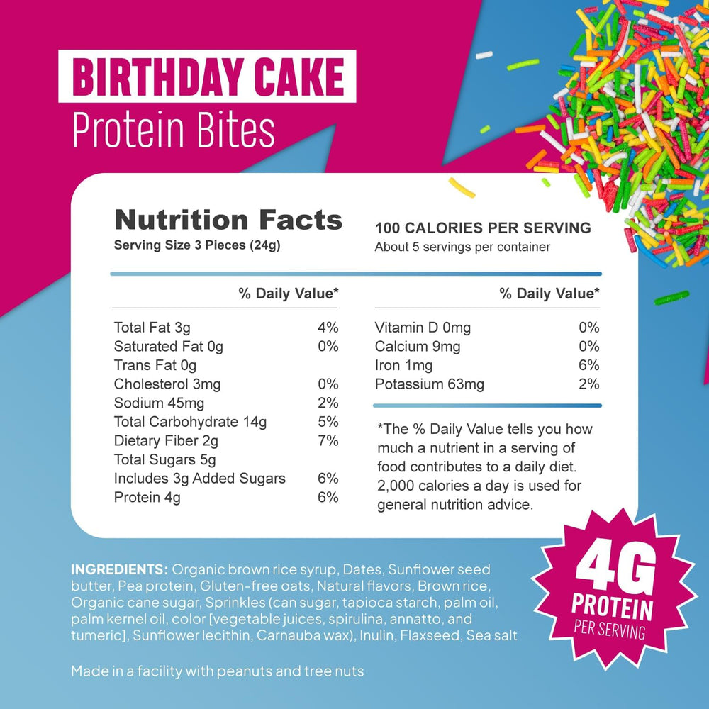 Closeup of McCaffrey Protein Bites Birthday Cake texture and sprinkles.