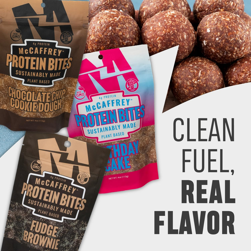 High-fiber content emphasized in McCaffrey Protein Bites Birthday Cake.
