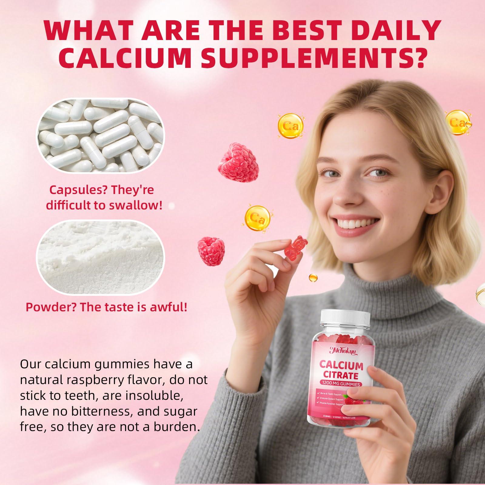 Mchokuu calcium citrate gummies scene suggesting bone and muscle wellness support